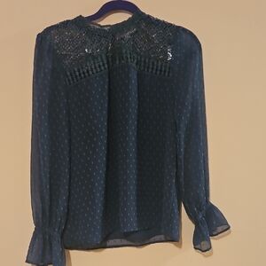 LOFT Navy Sheer Blouse with Lace Detail